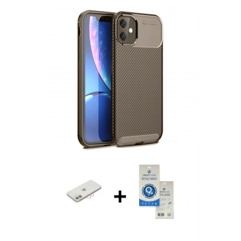 MARSİLYAN™- iPhone 11 Kılıf Eksen Form Prime - Şeffaf Royal Nano Ekran Koruyucu + Renkli Kamera Lens Koruma Cam - PE