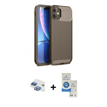 MARSİLYAN™- iPhone 11 Kılıf Eksen Form Prime - Şeffaf Royal Nano Ekran Koruyucu + Pers Alüminyum Kamera Lens - GI