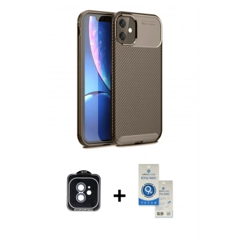 MARSİLYAN™- iPhone 11 Kılıf Eksen Form Prime - Şeffaf Royal Nano Ekran Koruyucu + PVD Metal Kamera Lens - MI