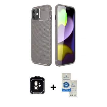 MARSİLYAN™- iPhone 11 Kılıf Eksen Form Prime - Şeffaf Royal Nano Ekran Koruyucu + PVD Metal Kamera Lens - TU