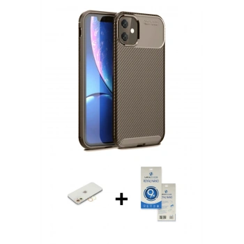 MARSİLYAN™- iPhone 11 Kılıf Eksen Form Prime - Şeffaf Royal Nano Ekran Koruyucu + Renkli Kamera Lens Koruma Cam - SI