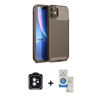 MARSİLYAN™- iPhone 11 Kılıf Eksen Form Prime - Şeffaf Royal Nano Ekran Koruyucu + PVD Metal Kamera Lens - SH