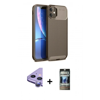 MARSİLYAN™- iPhone 11 Kılıf Eksen Form Prime - Siyah 34D Hayalet Izgaralı Cam + Raze Metal Kamera Lens - MR