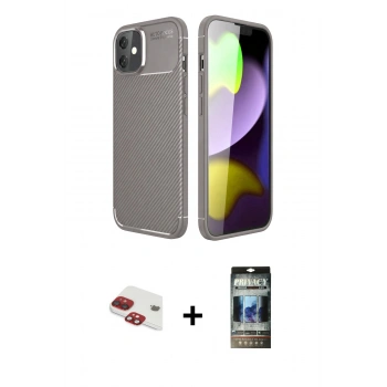 MARSİLYAN™- iPhone 11 Kılıf Eksen Form Prime - Siyah 34D Hayalet Izgaralı Cam + Pers Alüminyum Kamera Lens - KI