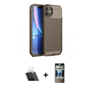 MARSİLYAN™- iPhone 11 Kılıf Eksen Form Prime - Siyah 34D Hayalet Izgaralı Cam + Kamera Lens Koruma Cam - SF