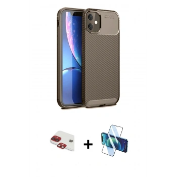 MARSİLYAN™- iPhone 11 Kılıf Eksen Form Prime - Siyah 3D Antistatik Cam Ekran Koruyucu + Pers Alüminyum Kamera Lens - KI