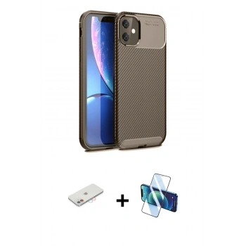MARSİLYAN™- iPhone 11 Kılıf Eksen Form Prime - Siyah 3D Antistatik Cam Ekran Koruyucu + Renkli Kamera Lens Koruma Cam - PE
