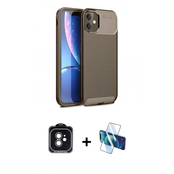 MARSİLYAN™- iPhone 11 Kılıf Eksen Form Prime - Siyah 3D Antistatik Cam Ekran Koruyucu + PVD Metal Kamera Lens - SH