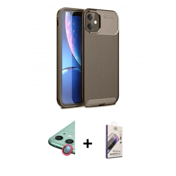 MARSİLYAN™- iPhone 11 Kılıf Eksen Form Prime - Siyah Bilvis 3D Mat Cam Ekran Koruyucu + Raze Metal Kamera Lens - KI