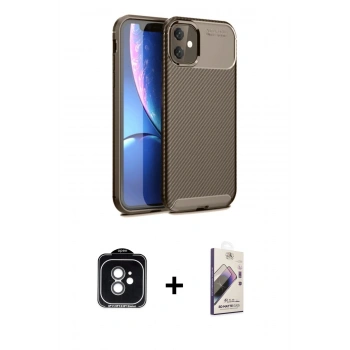 MARSİLYAN™- iPhone 11 Kılıf Eksen Form Prime - Siyah Bilvis 3D Mat Cam Ekran Koruyucu + PVD Metal Kamera Lens - YL