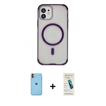 MARSİLYAN™- iPhone 11 Kılıf Eksen Klasik Koleksiyonu - Şeffaf Pasifik Cam Ekran Koruyucu + Neon Fosforlu Kamera Lens - TU