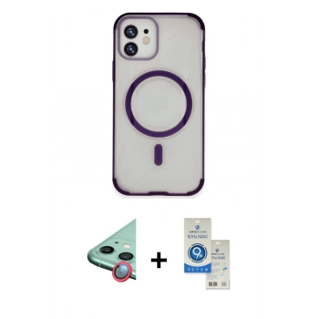 MARSİLYAN™- iPhone 11 Kılıf Eksen Klasik Koleksiyonu - Şeffaf Royal Nano Ekran Koruyucu + Raze Metal Kamera Lens - KI
