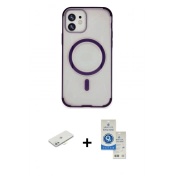MARSİLYAN™- iPhone 11 Kılıf Eksen Klasik Koleksiyonu - Şeffaf Royal Nano Ekran Koruyucu + Renkli Kamera Lens Koruma Cam - SI