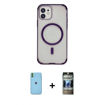 MARSİLYAN™- iPhone 11 Kılıf Eksen Klasik Koleksiyonu - Siyah 34D Hayalet Izgaralı Cam + Neon Fosforlu Kamera Lens - YL
