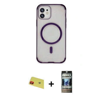 MARSİLYAN™- iPhone 11 Kılıf Eksen Klasik Koleksiyonu - Siyah 34D Hayalet Izgaralı Cam + Rainbow Kamera Lens Koruma Cam - KI
