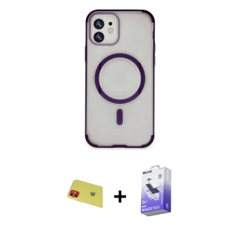 MARSİLYAN™- iPhone 11 Kılıf Eksen Klasik Koleksiyonu - Siyah Bilvis 5in1 5D Magic Hayalet Cam Ekran Koruyucu + Rainbow Kamera Lens Koruma Cam - KI