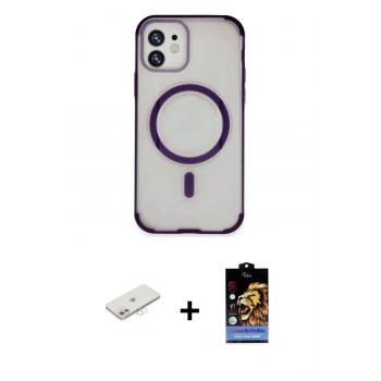 MARSİLYAN™- iPhone 11 Kılıf Eksen Klasik Koleksiyonu - Siyah Buffer Hayalet Cam Ekran Koruyucu + Renkli Kamera Lens Koruma Cam - YL
