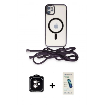 MARSİLYAN™- iPhone 11 Kılıf Eksen Özel Seri - Şeffaf Pasifik Cam Ekran Koruyucu + PVD Metal Kamera Lens - TU