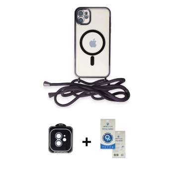 MARSİLYAN™- iPhone 11 Kılıf Eksen Özel Seri - Şeffaf Royal Nano Ekran Koruyucu + PVD Metal Kamera Lens - MI