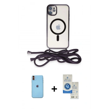MARSİLYAN™- iPhone 11 Kılıf Eksen Özel Seri - Şeffaf Royal Nano Ekran Koruyucu + Neon Fosforlu Kamera Lens - TU