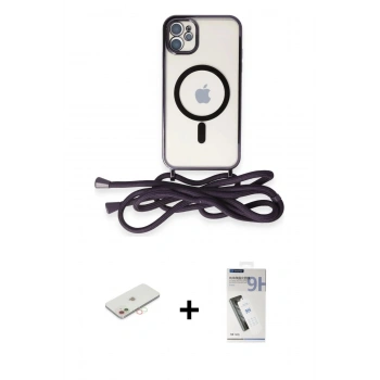 MARSİLYAN™- iPhone 11 Kılıf Eksen Özel Seri - Şeffaf Uv Polymer Nano Ekran Koruyucu + Renkli Kamera Lens Koruma Cam - YL