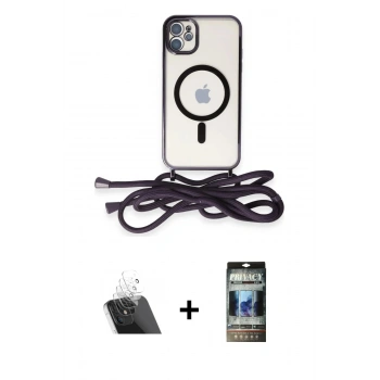MARSİLYAN™- iPhone 11 Kılıf Eksen Özel Seri - Siyah 34D Hayalet Izgaralı Cam + Kamera Lens Koruma Cam - SF