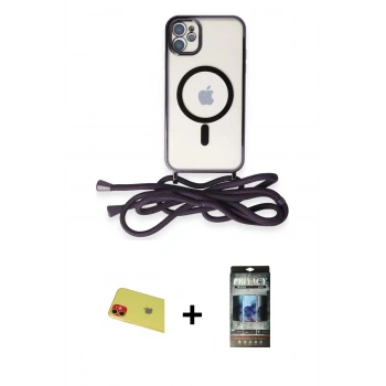 MARSİLYAN™- iPhone 11 Kılıf Eksen Özel Seri - Siyah 34D Hayalet Izgaralı Cam + Rainbow Kamera Lens Koruma Cam - KI