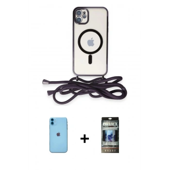 MARSİLYAN™- iPhone 11 Kılıf Eksen Özel Seri - Siyah 34D Hayalet Izgaralı Cam + Neon Fosforlu Kamera Lens - MI