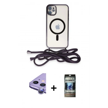 MARSİLYAN™- iPhone 11 Kılıf Eksen Özel Seri - Siyah 34D Hayalet Izgaralı Cam + Raze Metal Kamera Lens - MR
