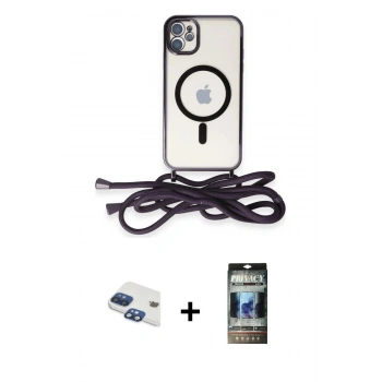 MARSİLYAN™- iPhone 11 Kılıf Eksen Özel Seri - Siyah 34D Hayalet Izgaralı Cam + Pers Alüminyum Kamera Lens - LT