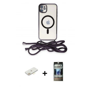MARSİLYAN™- iPhone 11 Kılıf Eksen Özel Seri - Siyah 34D Hayalet Izgaralı Cam + Renkli Kamera Lens Koruma Cam - SI