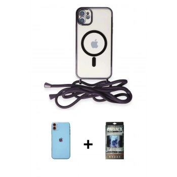 MARSİLYAN™- iPhone 11 Kılıf Eksen Özel Seri - Siyah 34D Hayalet Izgaralı Cam + Neon Fosforlu Kamera Lens - TU