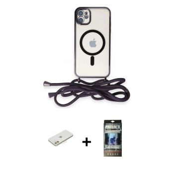 MARSİLYAN™- iPhone 11 Kılıf Eksen Özel Seri - Siyah 34D Hayalet Izgaralı Cam + Renkli Kamera Lens Koruma Cam - TU