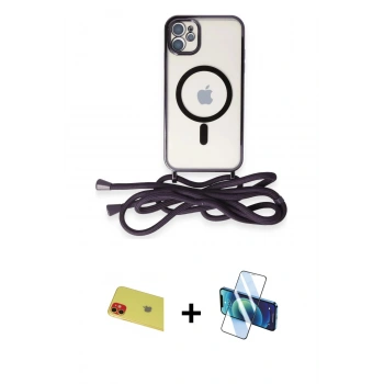 MARSİLYAN™- iPhone 11 Kılıf Eksen Özel Seri - Siyah 3D Antistatik Cam Ekran Koruyucu + Rainbow Kamera Lens Koruma Cam - KI