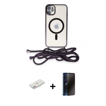 MARSİLYAN™- iPhone 11 Kılıf Eksen Özel Seri - Siyah 3D Antistatik Hayalet Cam Ekran Koruyucu + Renkli Kamera Lens Koruma Cam - PE