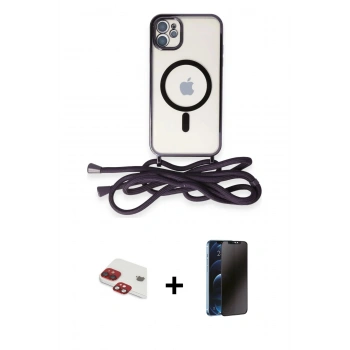 MARSİLYAN™- iPhone 11 Kılıf Eksen Özel Seri - Siyah 3D Antistatik Hayalet Cam Ekran Koruyucu + Pers Alüminyum Kamera Lens - KI