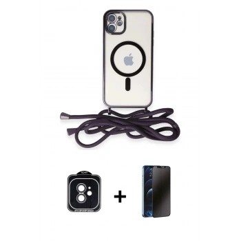 MARSİLYAN™- iPhone 11 Kılıf Eksen Özel Seri - Siyah 3D Antistatik Hayalet Cam Ekran Koruyucu + PVD Metal Kamera Lens - SH