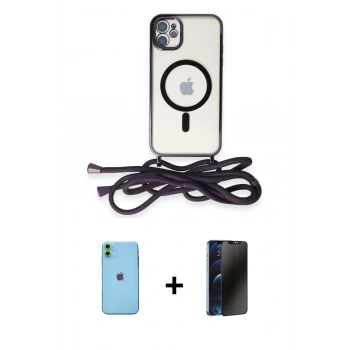 MARSİLYAN™- iPhone 11 Kılıf Eksen Özel Seri - Siyah 3D Antistatik Hayalet Cam Ekran Koruyucu + Neon Fosforlu Kamera Lens - YL