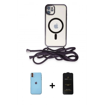MARSİLYAN™- iPhone 11 Kılıf Eksen Özel Seri - Siyah 6D Antistatik Mat Seramik Hayalet Nano Ekran Koruyucu + Neon Fosforlu Kamera Lens - TU