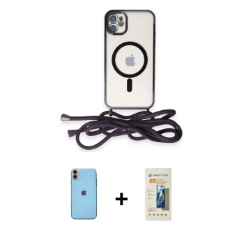 MARSİLYAN™- iPhone 11 Kılıf Eksen Özel Seri - Siyah 6D Mat Seramik Hayalet Nano Ekran Koruyucu + Neon Fosforlu Kamera Lens - TU