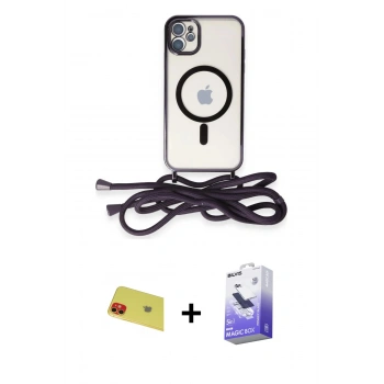 MARSİLYAN™- iPhone 11 Kılıf Eksen Özel Seri - Siyah Bilvis 5in1 5D Magic Hayalet Cam Ekran Koruyucu + Rainbow Kamera Lens Koruma Cam - KI