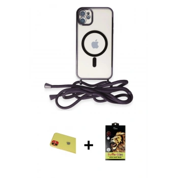MARSİLYAN™- iPhone 11 Kılıf Eksen Özel Seri - Siyah Buffer Cam Ekran Koruyucu + Rainbow Kamera Lens Koruma Cam - KI