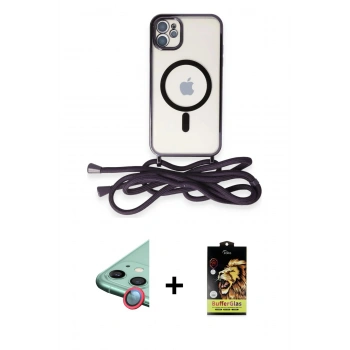 MARSİLYAN™- iPhone 11 Kılıf Eksen Özel Seri - Siyah Buffer Cam Ekran Koruyucu + Raze Metal Kamera Lens - KI