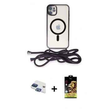 MARSİLYAN™- iPhone 11 Kılıf Eksen Özel Seri - Siyah Buffer Cam Ekran Koruyucu + Pers Alüminyum Kamera Lens - LT