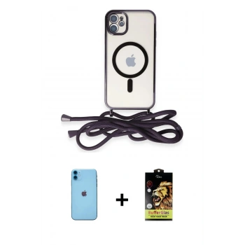 MARSİLYAN™- iPhone 11 Kılıf Eksen Özel Seri - Siyah Buffer Cam Ekran Koruyucu + Neon Fosforlu Kamera Lens - MI