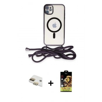 MARSİLYAN™- iPhone 11 Kılıf Eksen Özel Seri - Siyah Buffer Cam Ekran Koruyucu + Pers Alüminyum Kamera Lens - GD