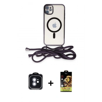MARSİLYAN™- iPhone 11 Kılıf Eksen Özel Seri - Siyah Buffer Cam Ekran Koruyucu + PVD Metal Kamera Lens - MI