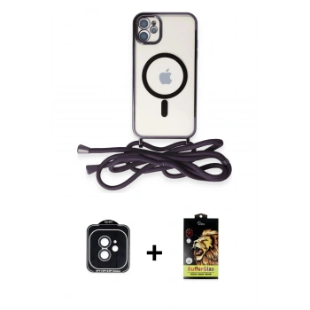MARSİLYAN™- iPhone 11 Kılıf Eksen Özel Seri - Siyah Buffer Cam Ekran Koruyucu + PVD Metal Kamera Lens - SH