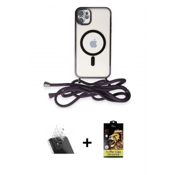 MARSİLYAN™- iPhone 11 Kılıf Eksen Özel Seri - Siyah Buffer Cam Ekran Koruyucu + Kamera Lens Koruma Cam - SF