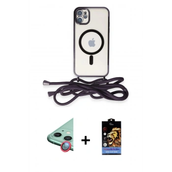MARSİLYAN™- iPhone 11 Kılıf Eksen Özel Seri - Siyah Buffer Hayalet Cam Ekran Koruyucu + Raze Metal Kamera Lens - KI
